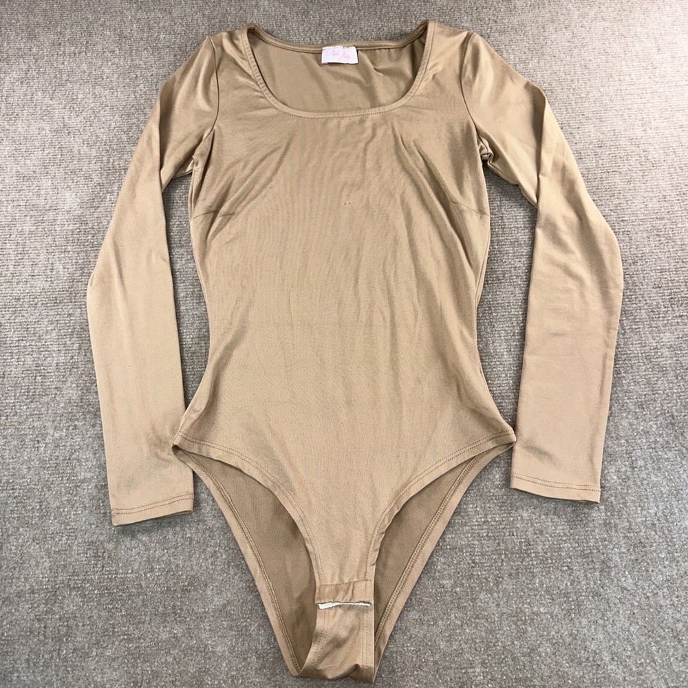 Pink Lily Womens Long Sleeve Square Neck Bodysuit Tan Beige Neutral Size S